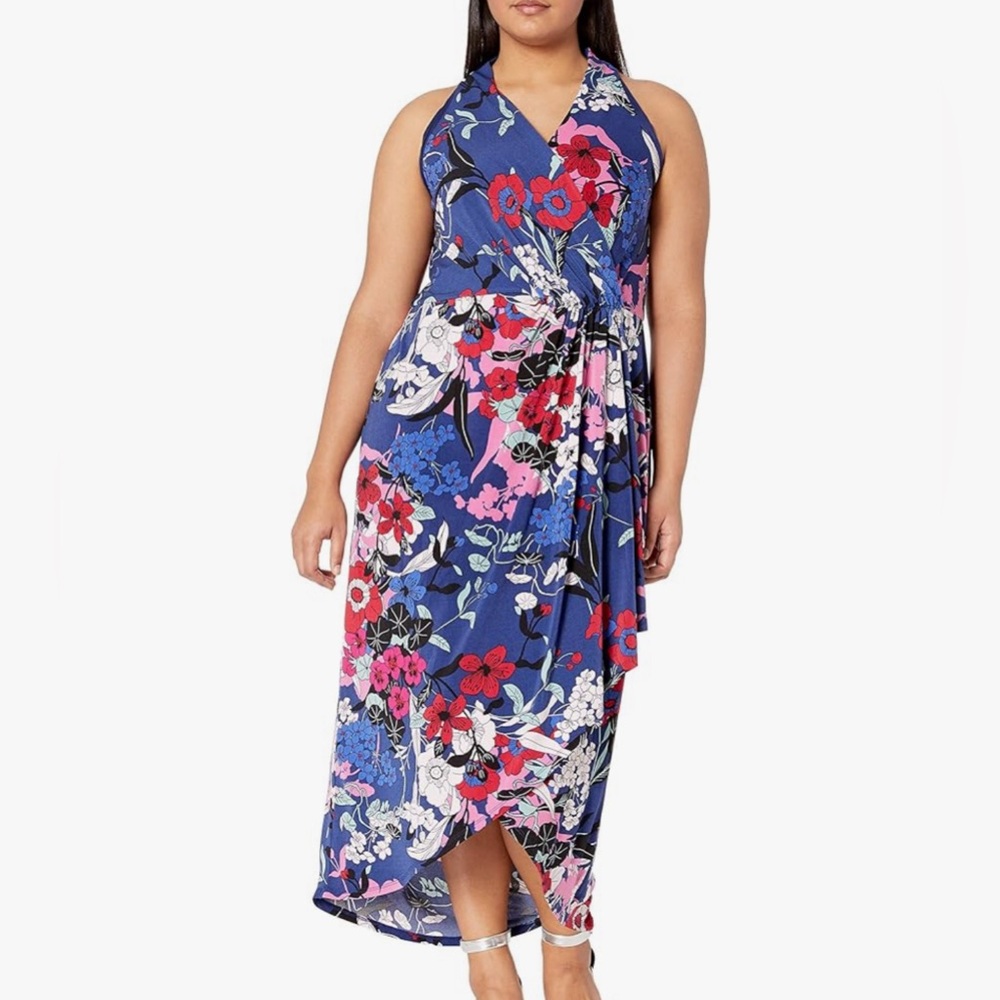 Adrianna Papell Floral Halter Wrap Dress Hi-Low Maxi Navy White Stretchy Size 2X